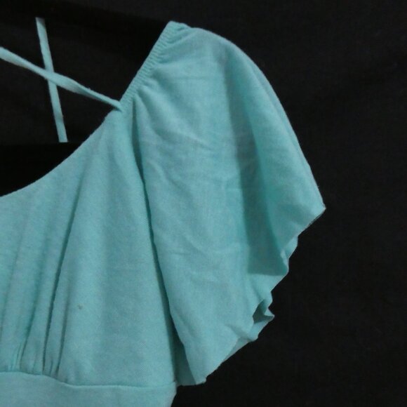 SIRENS | medium | Teal Off-Shoulder Ruffle Sleeve Dress | Dry Clean Only - Picture 6 of 13
